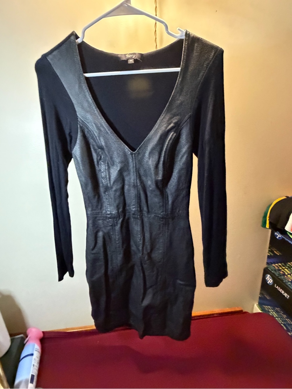 Sky Black Faux Leather-Front Long Sleeve V-Neck Dress